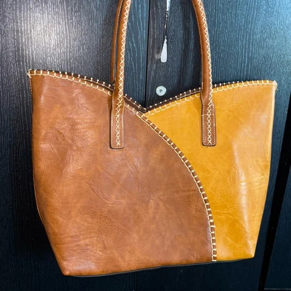 Two-Tone Brown and Tan Tote Bag - Picture 2 of 4